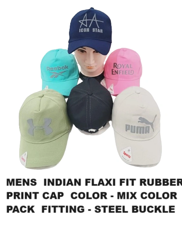 Mens  Indian Flaxi Fit Rubber Print Cap  Color - Mix Color Pack  Fitting - Steel Buckle - Free, 6