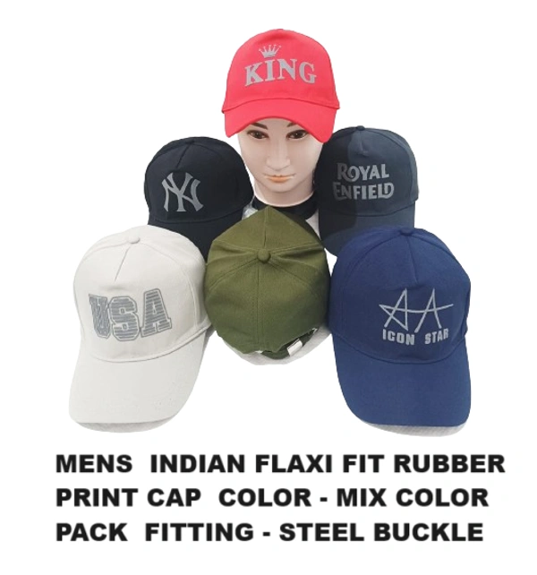Mens  Indian Flaxi Fit Rubber Print Cap  Color - Mix Color Pack  Fitting - Steel Buckle - Free, 6