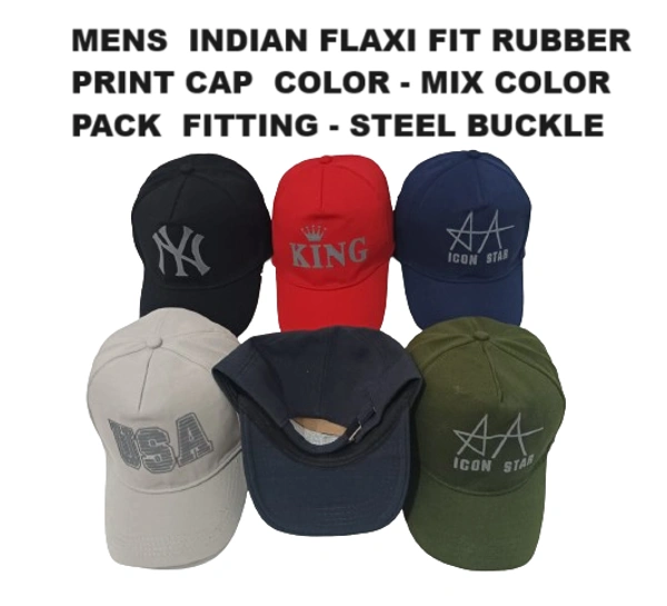 Mens  Indian Flaxi Fit Rubber Print Cap  Color - Mix Color Pack  Fitting - Steel Buckle - Free, 6