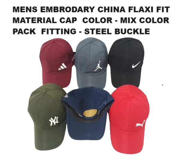 Mens Embrodary China Flaxi Fit Material Cap  Color - Mix Color Pack  Fitting - Steel Buckle - Free, 6