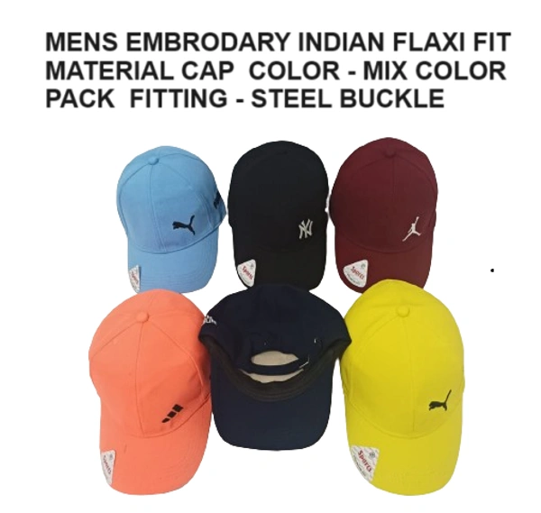 Mens Embrodary Indian Flaxi Fit Material Cap  Color - Mix Color Pack  Fitting - Steel Buckle - Free, 6
