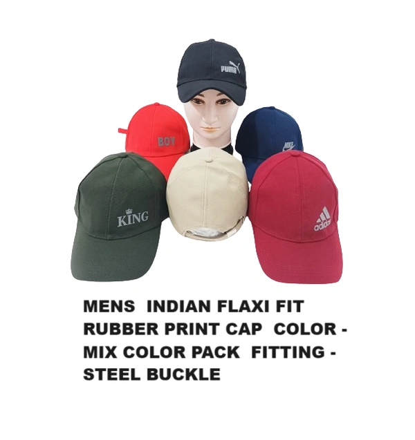 Mens  Indian Flaxi Fit Rubber Print Cap  Color - Mix Color Pack  Fitting - Steel Buckle - Free, 6