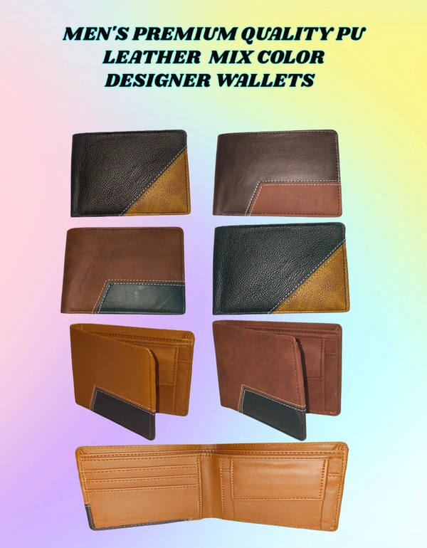 Mens  2 Fold Pu Leather Cutting Wallet In Mix Color - Free, 6