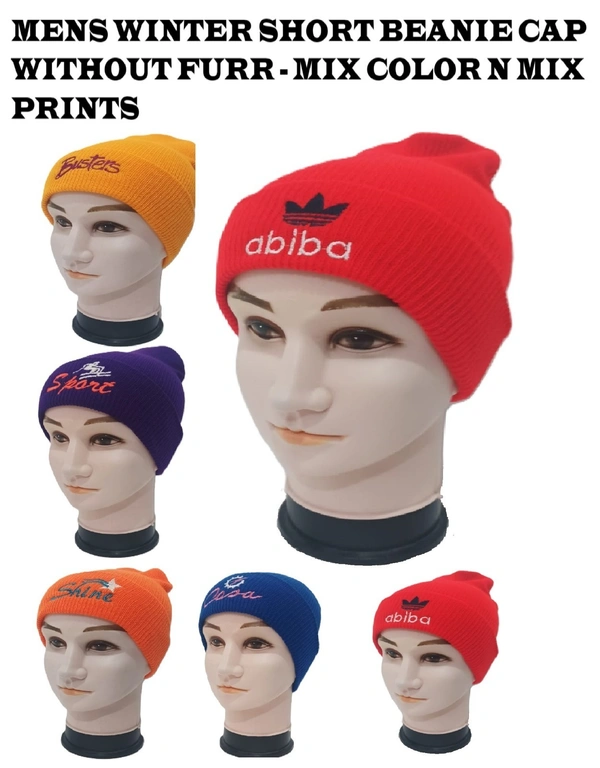 Mens Winter Short Beanie Cap Without Furr Mix Color Pack Only - Short Beanie Cap, 6