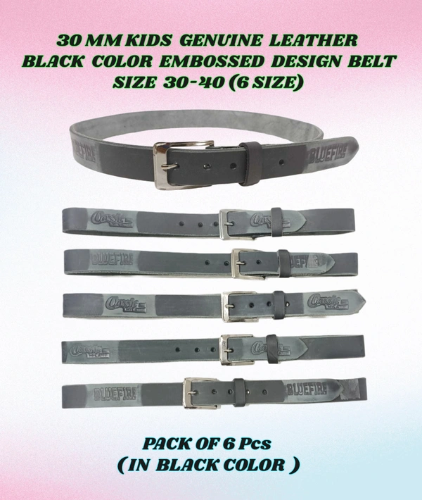 30 Mm Kids Genuine Leather Black Color Embossed Design Belt Size-30-40 Mix Size - 30-40 mm, 6