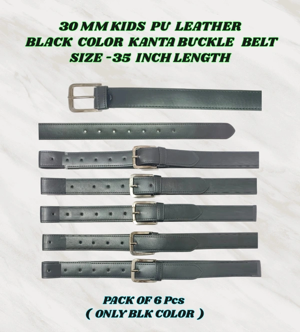 30 Mm Kids Pu Leather Black  Color Kanta Buckle Belt Size-38 Inch Length - 30 mm, 6