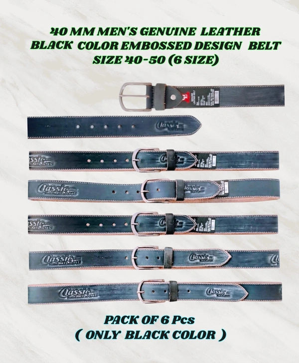 40 Mm Men'S Genuine Leather Black Color Embossed Design Belt Size -40-50 Mix Size - 40-50 mm, 6