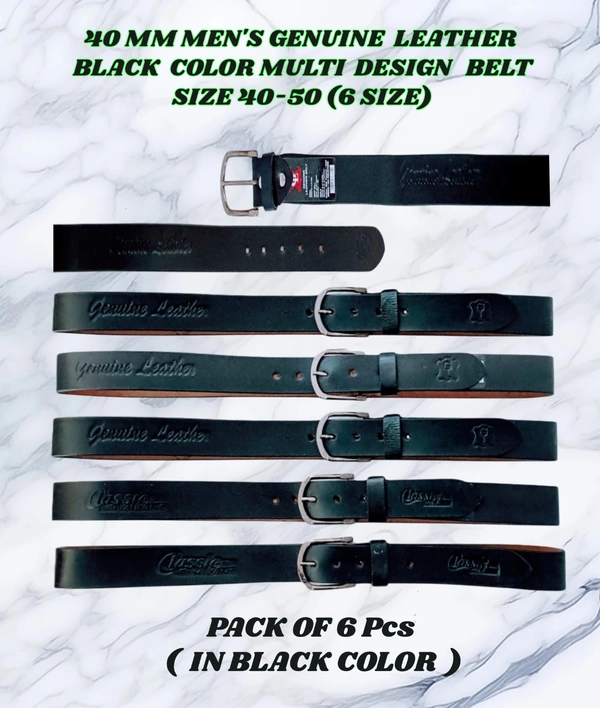 40 Mm Men'S Genuine Leather Black Color Multi Design Belt Size -40-50 Mix Size - 40-50 mm, 6