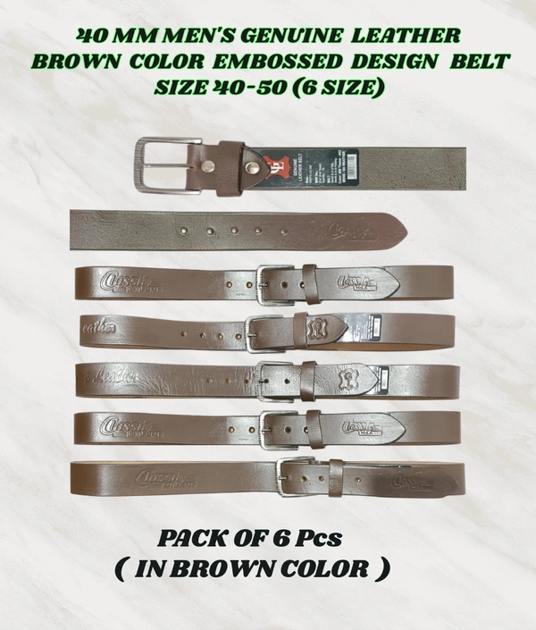 40 Mm Men'S Genuine Leather Brown Color Embossed Design Belt Size-40-50 Mix Size - 40-50 mm, 6