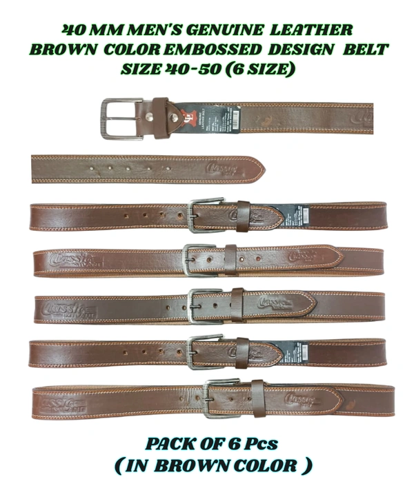 40 Mm Men'S Genuine Leather Brown Color Embossed Design Belt Size-40-50 Mix Size - 40-50 mm, 6