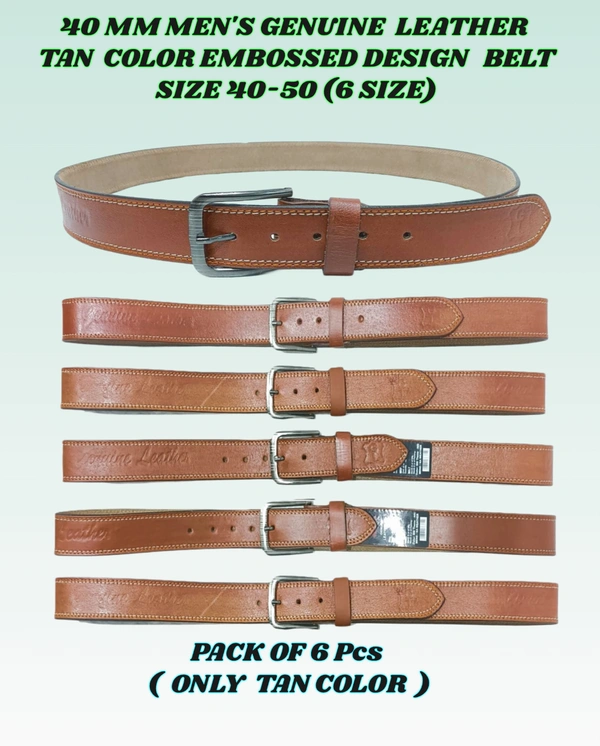 40 Mm Men'S Genuine Leather Tan Color Embossed Design Belt Size-40-50 Mix Size - 40-50 mm, 6