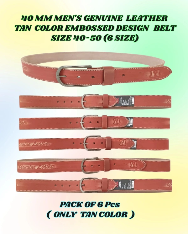 40 Mm Men'S Genuine Leather Tan Color Embossed Design Belt Size-40-50 Mix Size - 40-50 mm, 6