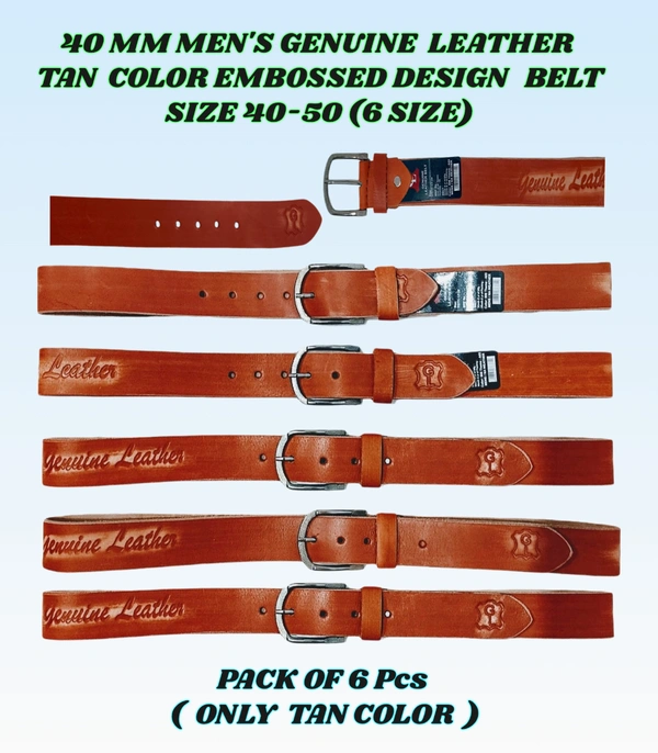 40 Mm Men'S Genuine Leather Tan Color Embossed Design Belt Size-40-50 Mix Size - 40-50 mm, 6