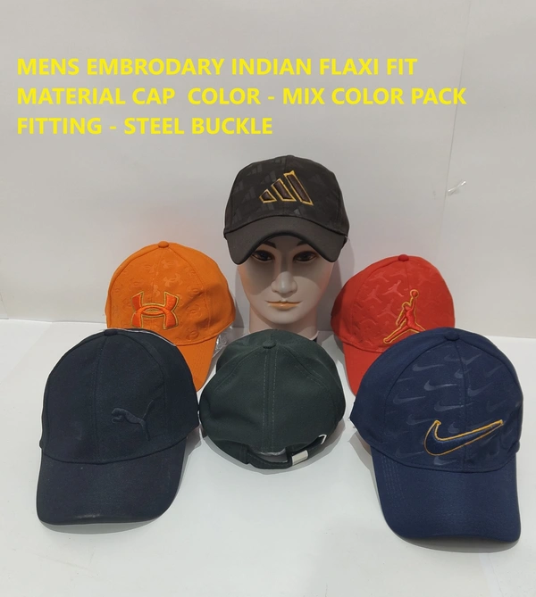 Mens Embrodary Indian Flaxi Fit Material Cap  Color - Mix Color Pack  Fitting - Steel Buckle - Free, 6