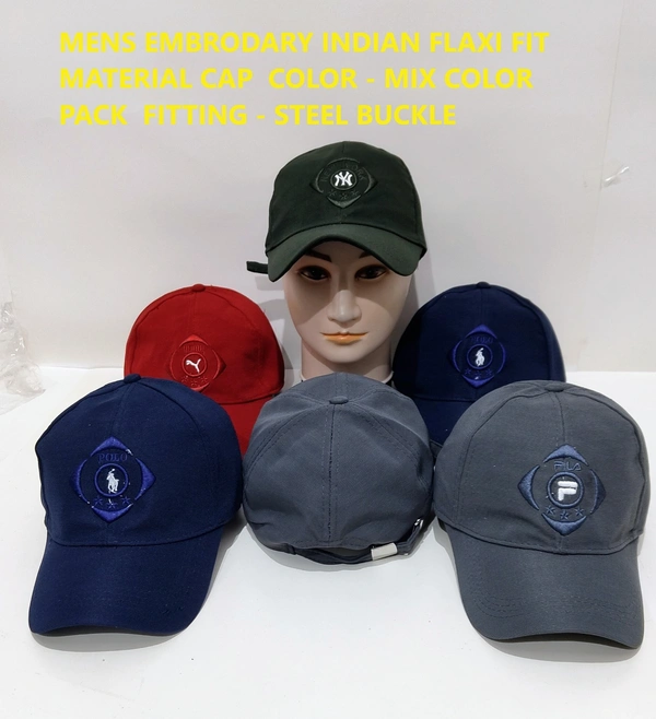 Mens Embrodary Indian Flaxi Fit Material Cap  Color - Mix Color Pack  Fitting - Steel Buckle - Free, 6