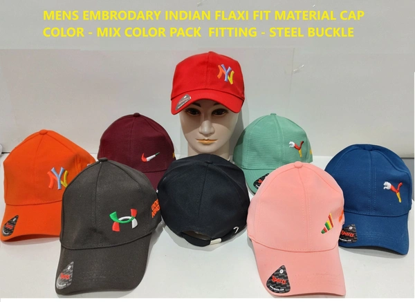 Mens Embrodary Indian Flaxi Fit Material Cap  Color - Mix Color Pack  Fitting - Steel Buckle - Free, 6