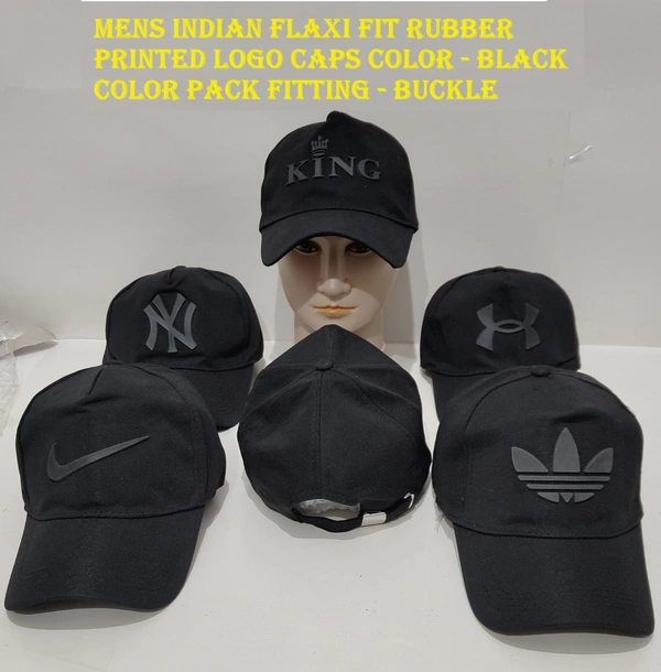 Mens Indian Flaxi Fit Rubber Printed Logo Caps Color - Black Color Pack Fitting - Buckle - Free, 6