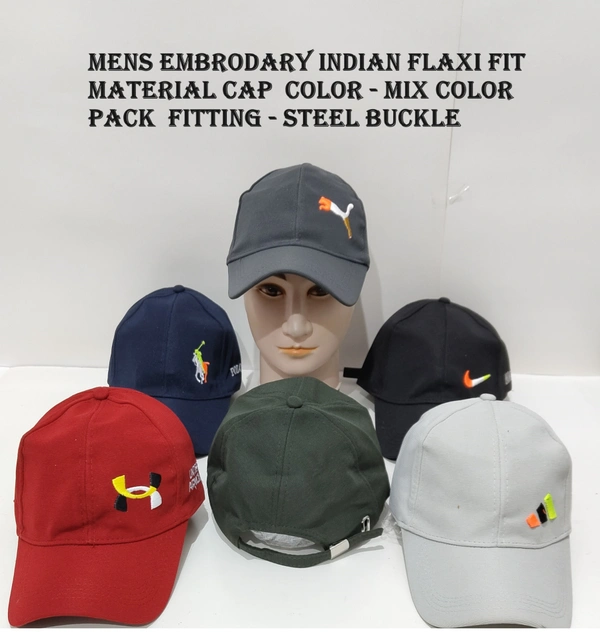 Mens Embrodary Indian Flaxi Fit Material Cap  Color - Mix Color Pack  Fitting - Steel Buckle - Free, 6