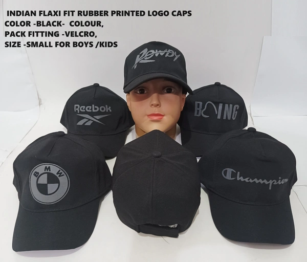 Indian Flaxi Fit Rubber Printed Logo Caps Color -Black-  Colour Pack Fitting -Velcro Size -Small For Boys - Free, 6