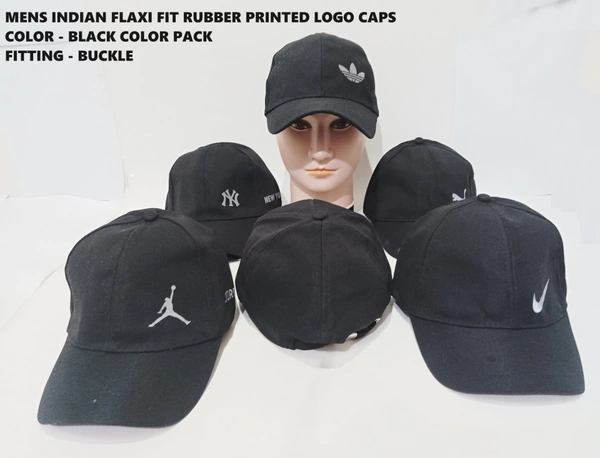 Mens Indian Flaxi Fit Rubber Printed Logo Caps Color - Black Color Pack Fitting - Buckle - Free, 6