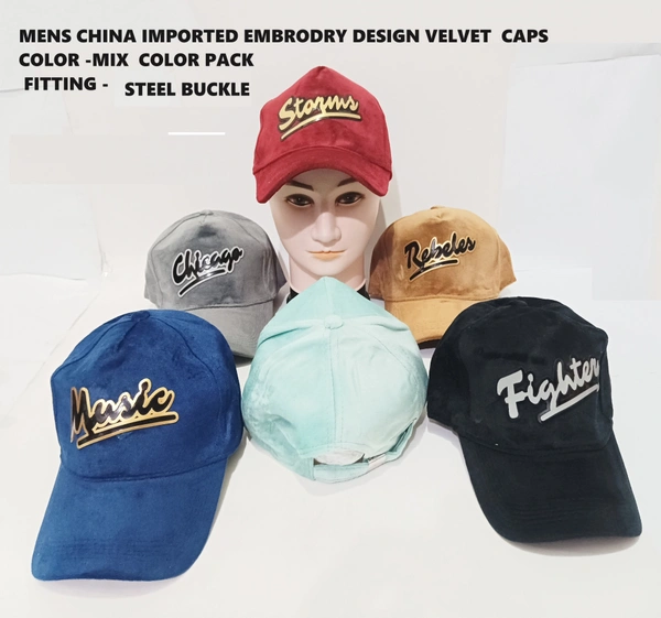 Mens China Imported Embrodry Design Velvet  Caps Color -Mix  Color Pack Fitting - Buckle - Free, 6