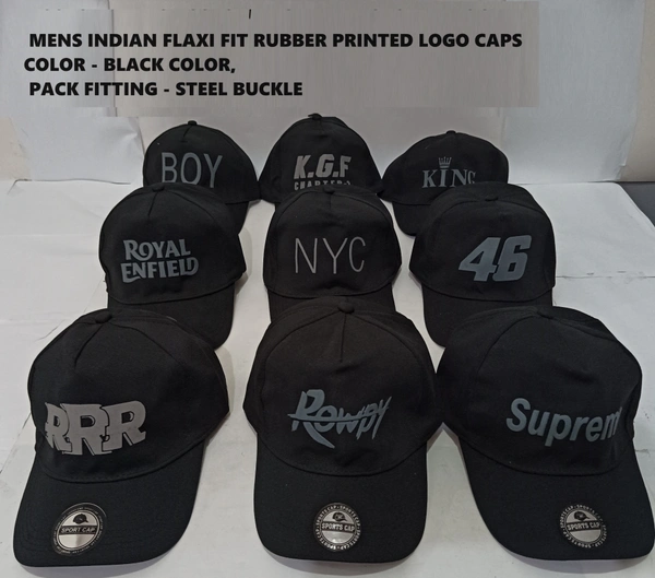 Mens Indian Flaxi Fit Rubber Printed Logo Caps Color - Black Color Pack Fitting - Buckle - Free, 6
