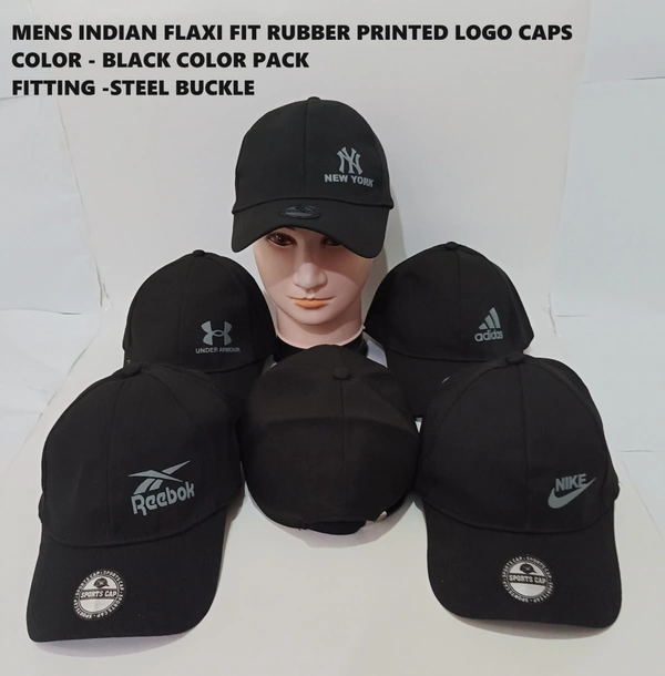 Mens Indian Flaxi Fit Rubber Printed Logo Caps Color - Black Color Pack Fitting - Buckle - Free, 6