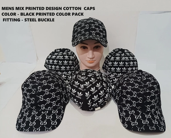 Mens Mix Printed Design Cotton  Caps Color - Black Printed Color Pack Fitting - Buckle - Free, 6