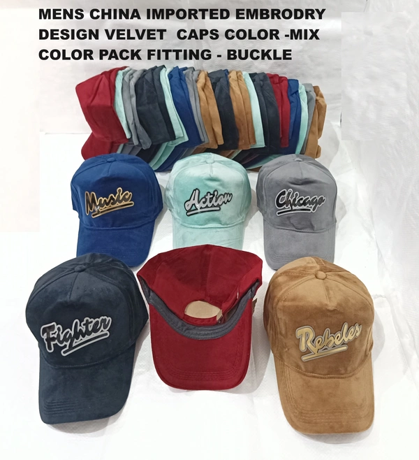 Mens China Imported Embrodry Design Velvet  Caps Color -Mix  Color Pack Fitting - Buckle - Free, 6