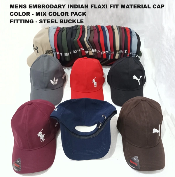 Mens Embrodary Indian Flaxi Fit Material Cap  Color - Mix Color Pack  Fitting - Steel Buckle - Free, 6
