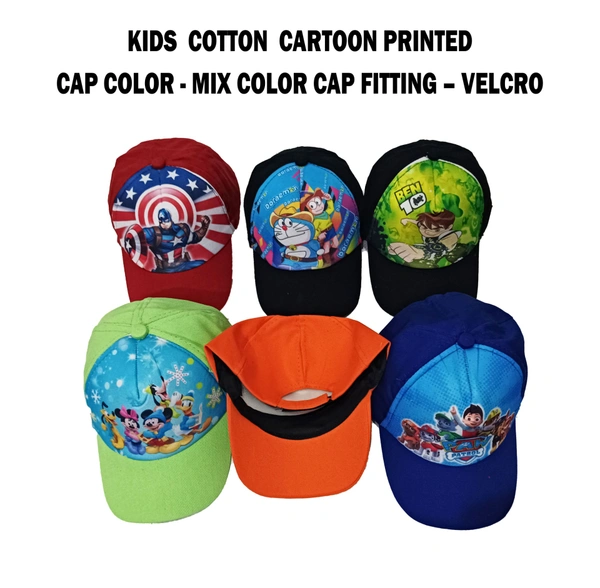 Kids  Cotton  Cartoon Printed Cap Color  Mix Color Cap Fitting  Velcro - Free, 6