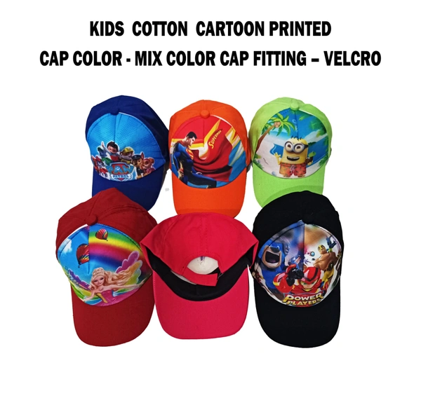 Kids Cotton Cartoon Printed Caps Color- Mix Color Cap Fitting - Velcro - Free, 6