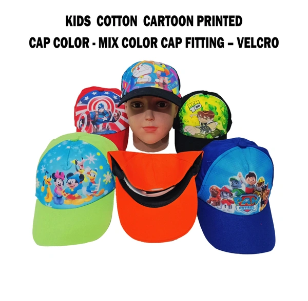 Kids  Cotton  Cartoon Printed Cap Color  Mix Color Cap Fitting  Velcro - Free, 6
