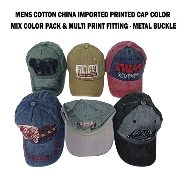 Mens Cotton China Imported Printed Cap Color - Mix Color Pack & Multi Print Fitting - Metal Buckle - Free, 6