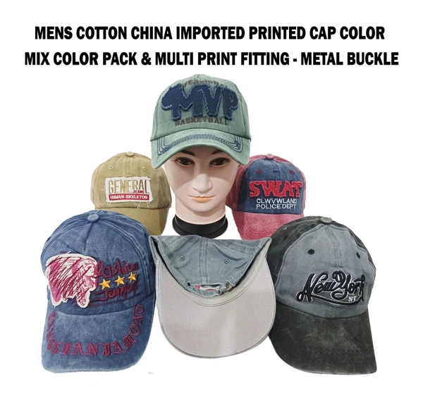 Mens Cotton China Imported Printed Cap Color - Mix Color Pack & Multi Print Fitting - Metal Buckle - Free, 6