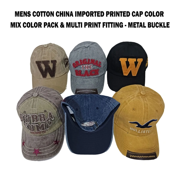 Mens Cotton China Imported Printed Cap Color - Mix Color Pack & Multi Print Fitting - Metal Buckle - Free, 6