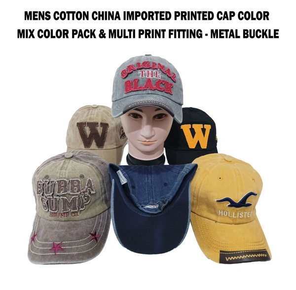 Mens Cotton China Imported Printed Cap Color - Mix Color Pack & Multi Print Fitting - Metal Buckle - Free, 6