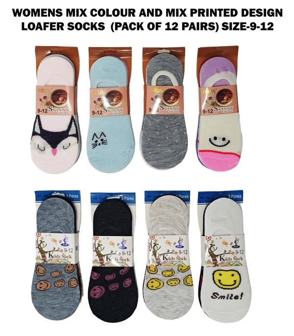 Womens Mix Colour And Mix Printed Disign Loafer Socks  (Pack Of 12 Pairs) Size 9-12
Size-0-3,3-6,6-9,Years - Size-0-3,3-6,6-9,Years, 12