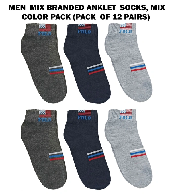 Men  Mix Branded Anklet  Socks, Mix Color Pack (Pack  Of 12 Pairs) - Free, 12