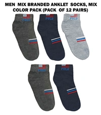 Men  Mix Branded Anklet  Socks, Mix Color Pack (Pack  Of 12 Pairs) - Free, 12