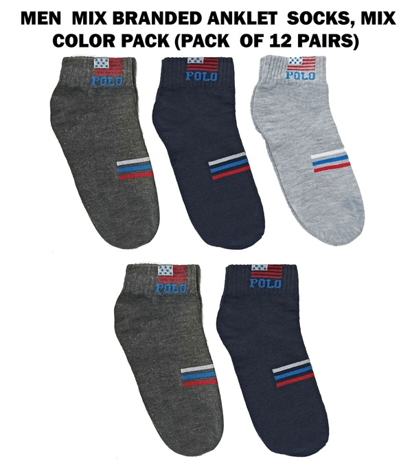 Men  Mix Branded Anklet  Socks, Mix Color Pack (Pack  Of 12 Pairs) - Free, 12