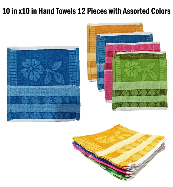 BIJKART 10 in x10 in Hand Towels 12 Pieces with Assorted Colors - 10/10, 12