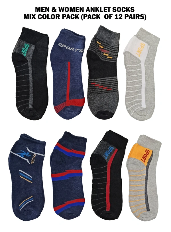 Men & Women Anklet Socks, Mix Color Pack (Pack  Of 12Pairs) - Free, 12