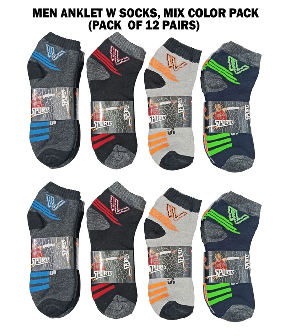 Men Anklet W Socks, Mix Color Pack (Pack  Of 12 Pairs) - Free, 12