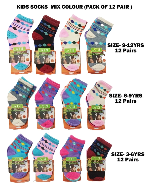 Kids Socks Mix Colour Pack  (Pack Of 12 Pair )
Size-3-6,6-9,9-12, Year - 3-6,6-9,9-12, Year, 12