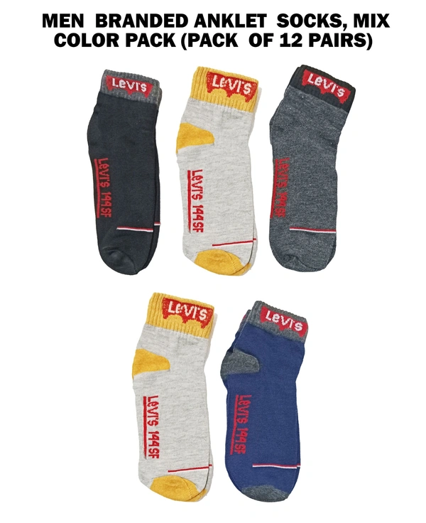 Men  Branded Anklet  Socks, Mix Color Pack (Pack  Of 12 Pairs) - Free, 12
