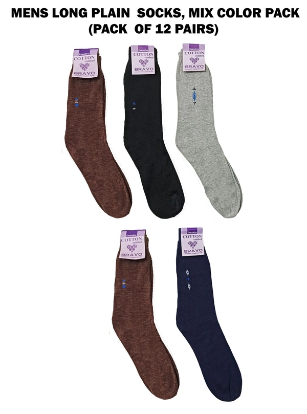 Mens Long Plain  Socks, Mix Color Pack (Pack  Of 12 Pairs) - Free, 12