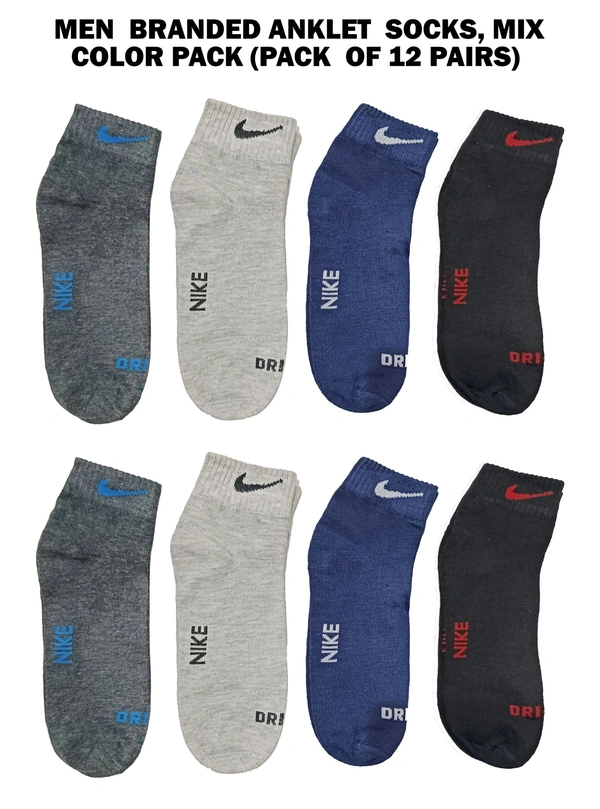 Men  Branded Anklet  Socks, Mix Color Pack (Pack  Of 12 Pairs) - Free, 12