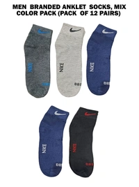 Men  Branded Anklet  Socks, Mix Color Pack (Pack  Of 12 Pairs) - Free, 12