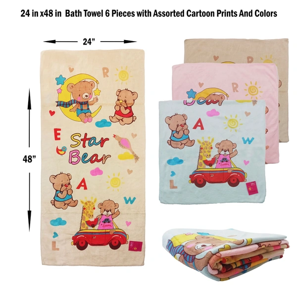 BIJKART 24 in x48 in  Bath Towel 6 Pieces with Assorted Cartoon Print And MULTI  Colors - 24/48, 6